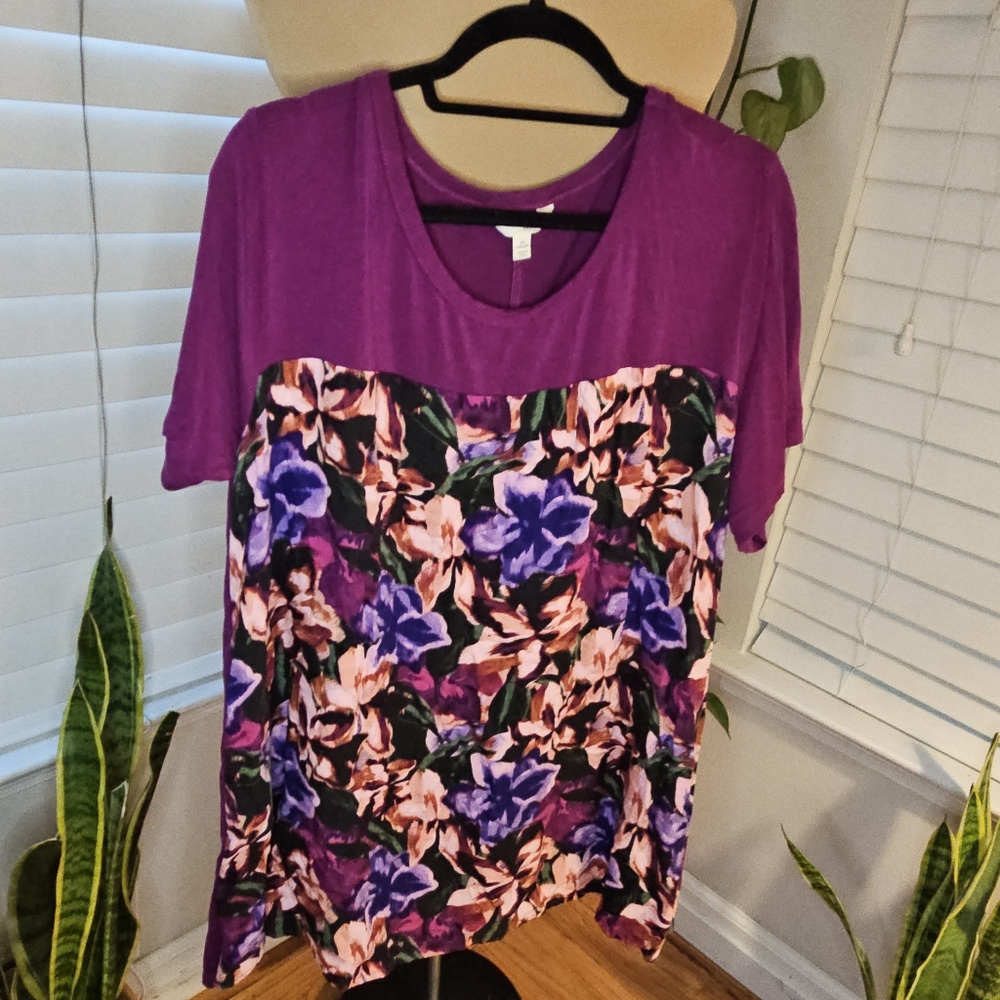 Terra & Sky Purple Short Sleeve Floral Front Panel Tee